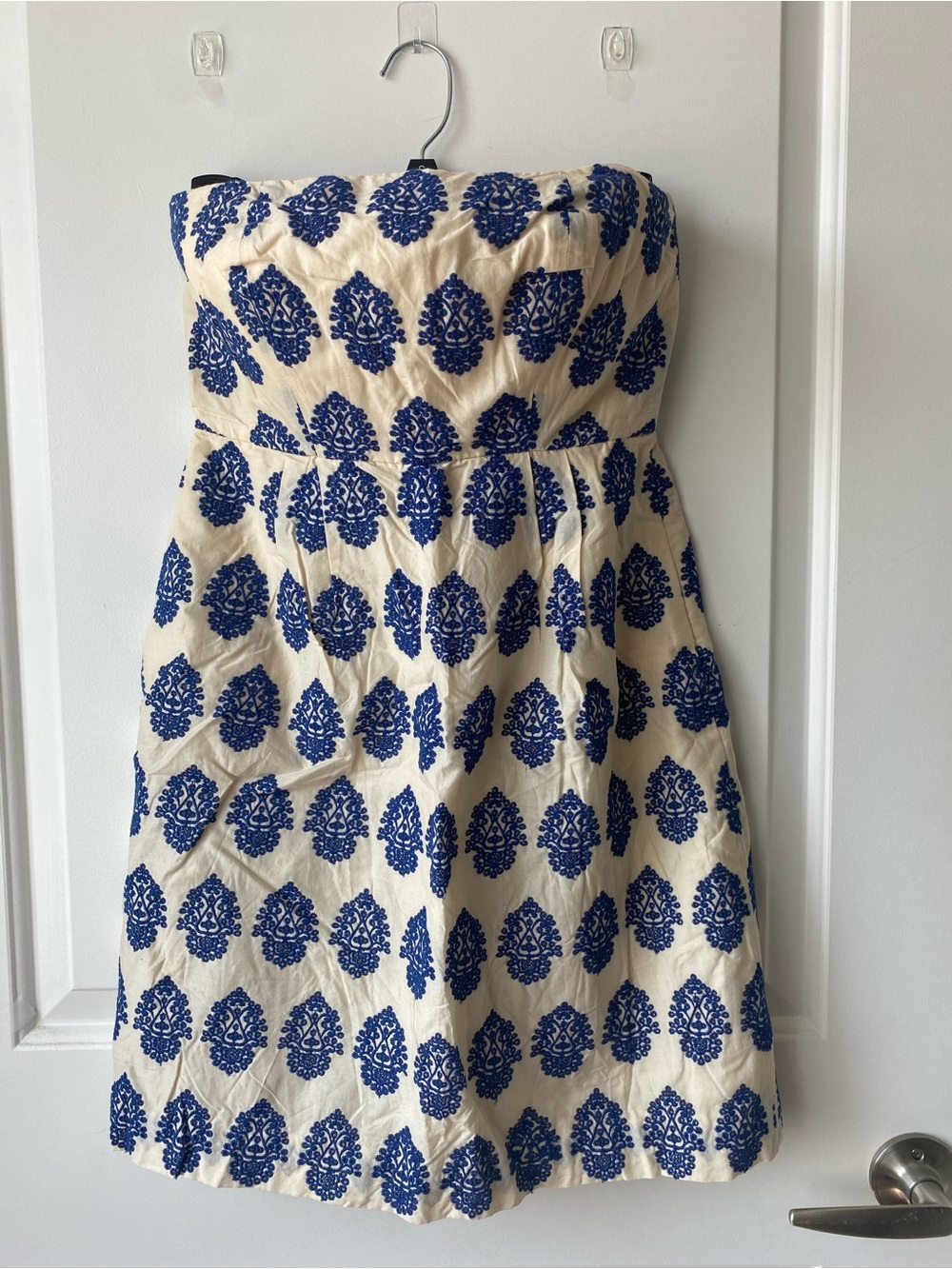 J. Crew Strapless Cream Dress with Blue Embroidery
